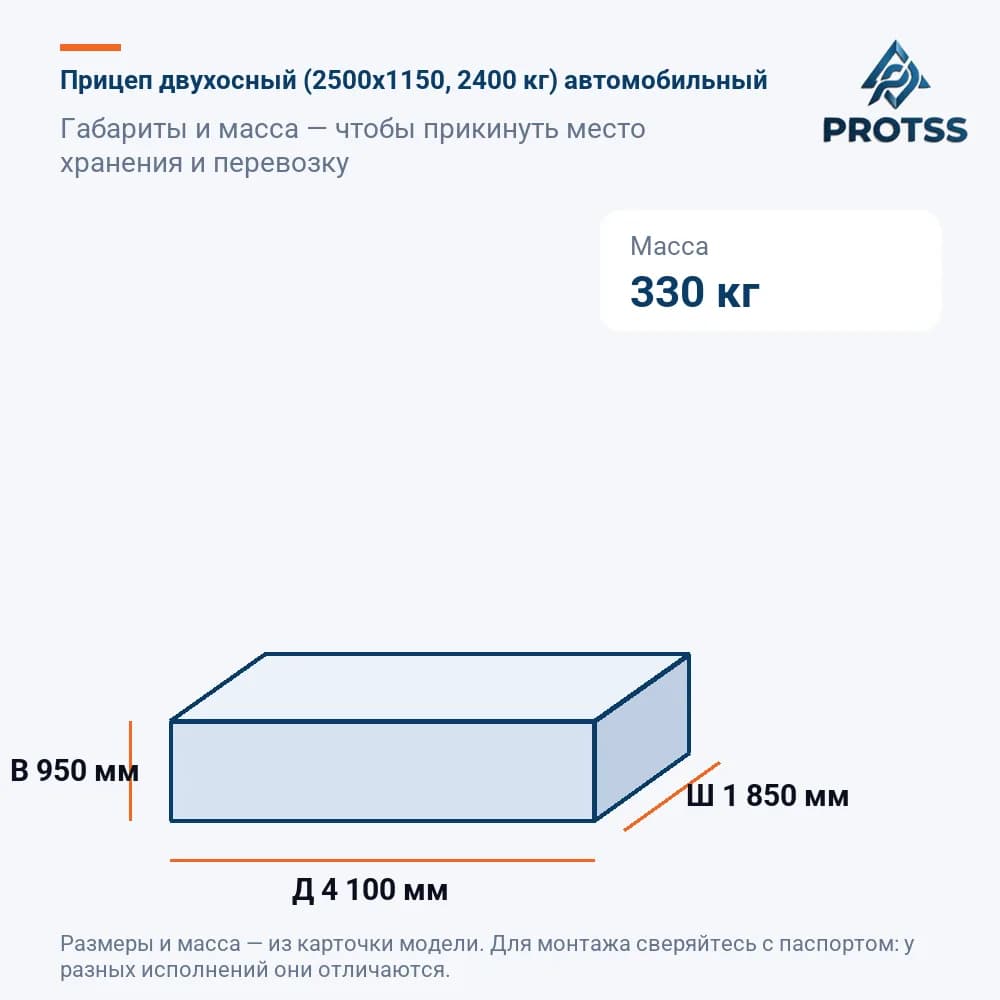 Прицеп двухосный (2500х1150, 2400 кг) автомобильный — габариты и масса